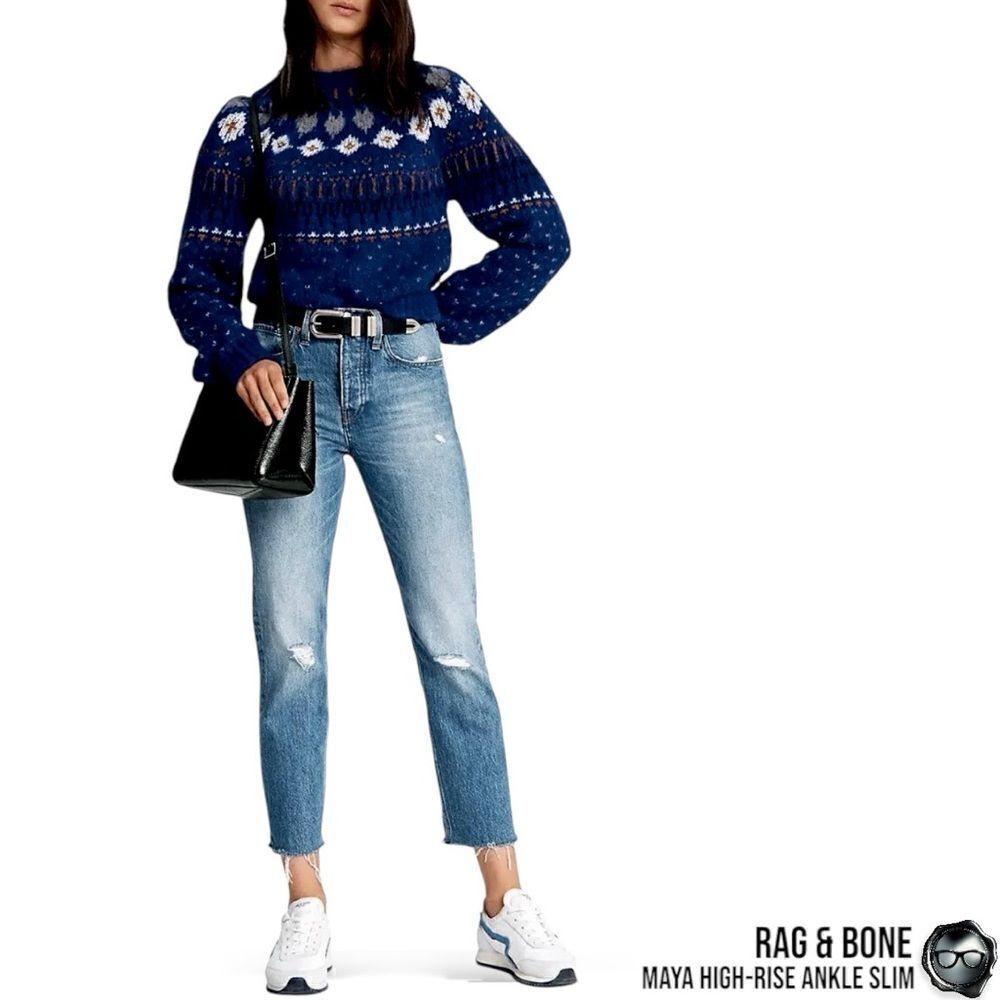 RAG & BONE MAYA HIGH-RISE ANKLE STRAIGHT JEANS IN AQUARIUS W/ HOLES SIZE 28